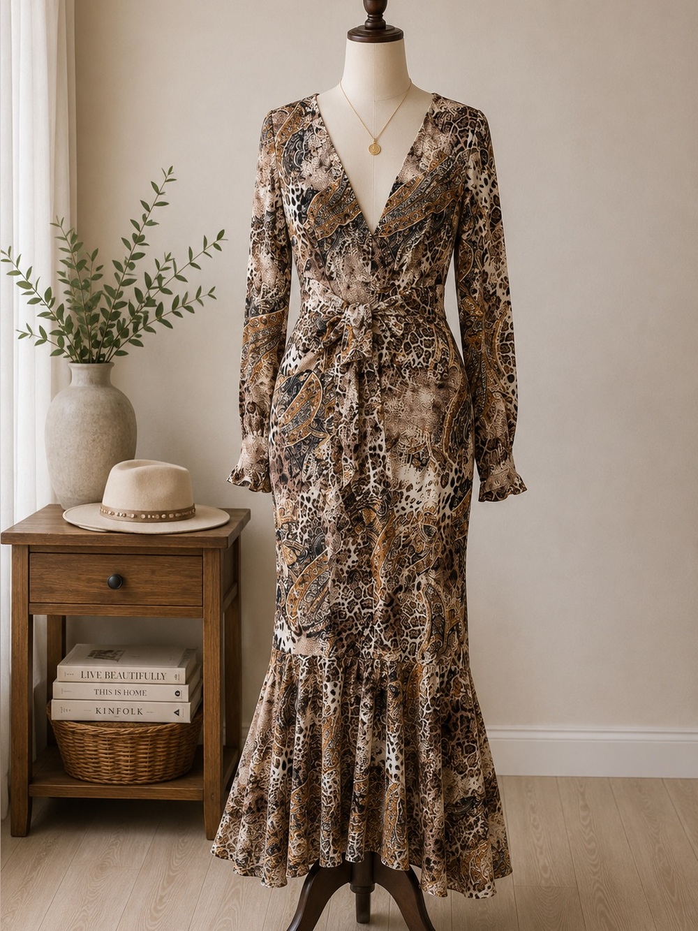 Boho Paisley Animal Print Mermaid Maxi Dress Long Sleeve Western Festival Size S